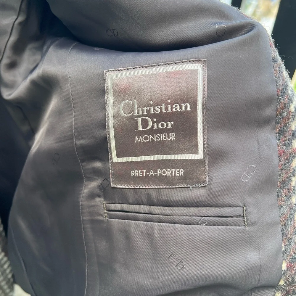 Christian Dior Suit Coat with Gray and Green Striking Stripes